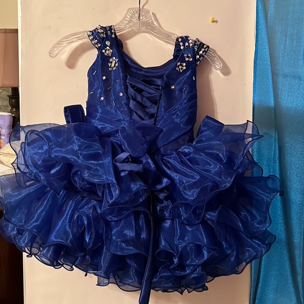 Little Girls Royal Blue Ruffle Organza Party Dress with Embellished Bodice - Picture 4 of 10